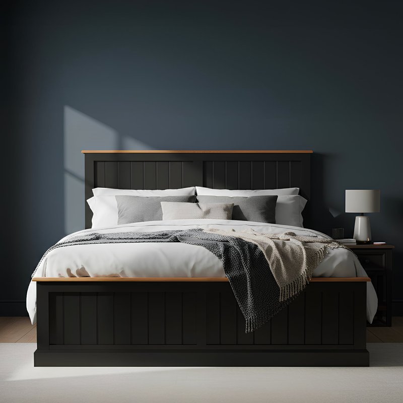 Photo of Charlton oak and black painted super king bed Photo of Charlton oak and black painted super king bed
