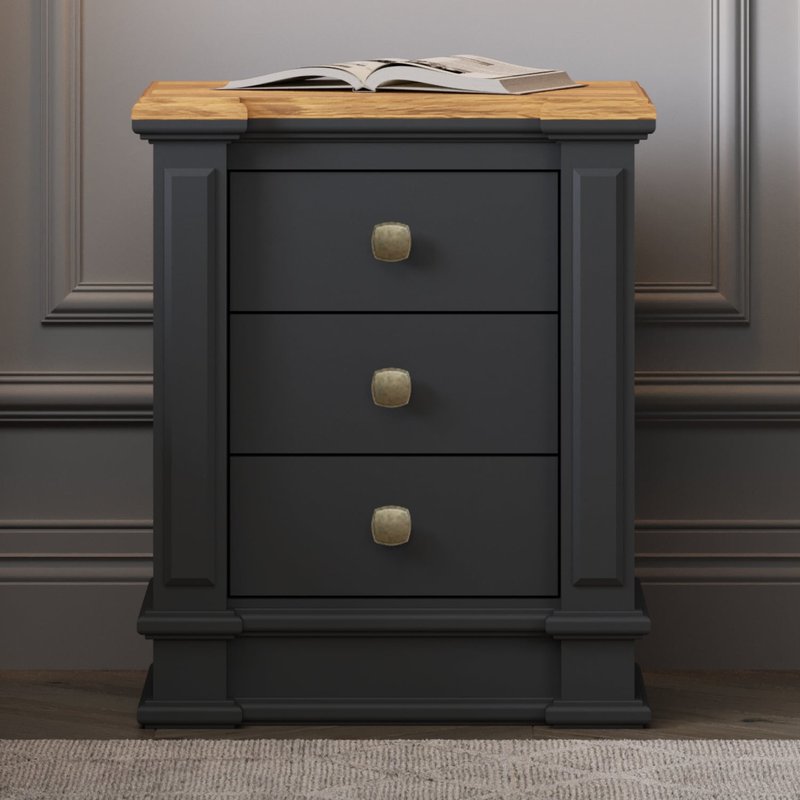 Photo of Lawson oak and charcoal grey painted 3 drawer bedside chest Photo of Lawson oak and charcoal grey painted 3 drawer bedside chest