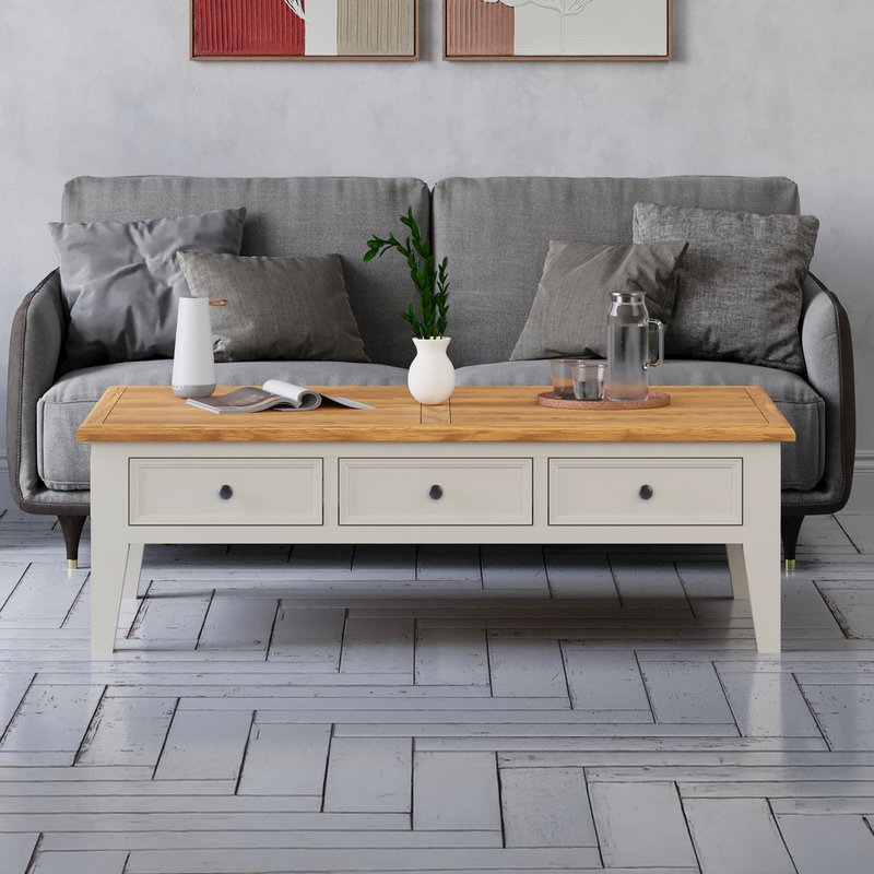 Photo of Weymouth oak and soft white painted extra large 6 drawer coffee table Photo of Weymouth oak and soft white painted extra large 6 drawer coffee table