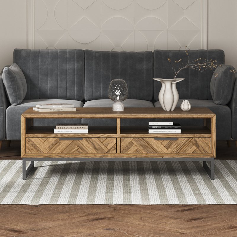 Photo of Herringbone solid oak 4 drawer coffee table Photo of Herringbone solid oak 4 drawer coffee table
