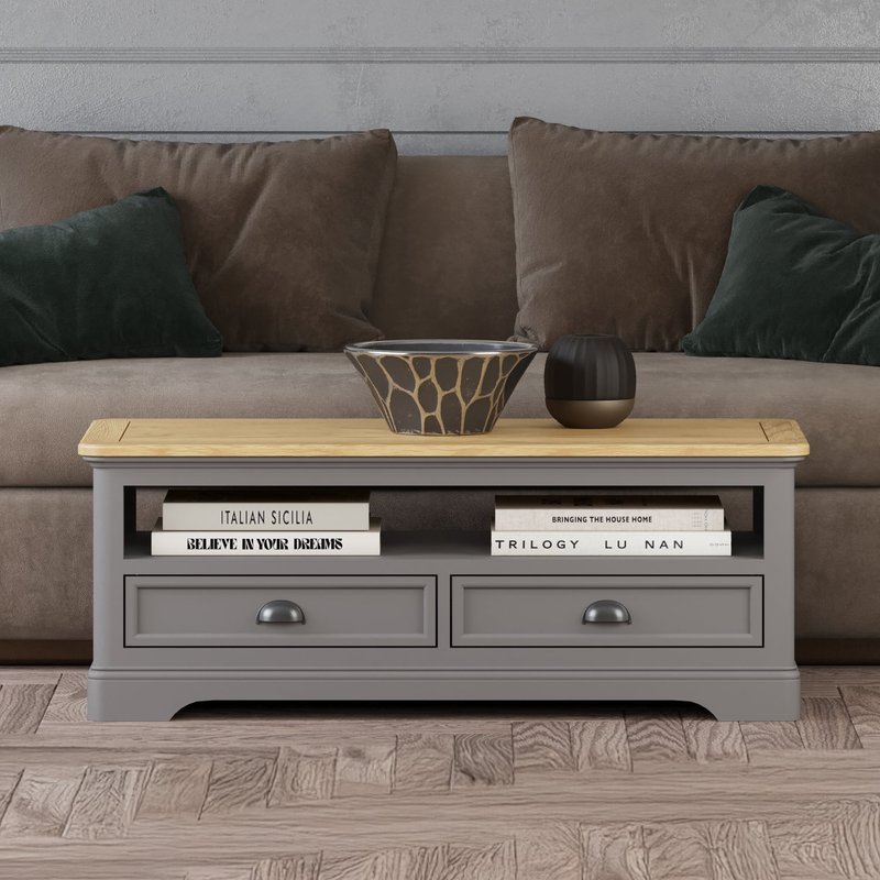 Photo of Felton oak and light grey painted 4 drawer coffee table Photo of Felton oak and light grey painted 4 drawer coffee table