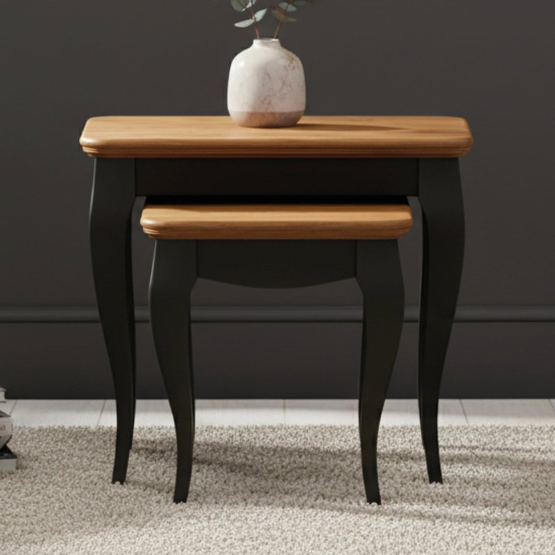 Photo of Chateau noir oak and black painted nest of tables Photo of Chateau noir oak and black painted nest of tables