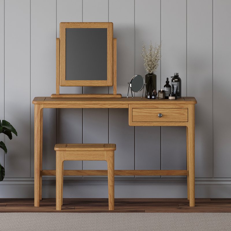 Photo 1 of Solid oak dressing table set with stool & mirror Photo 1 of Solid oak dressing table set with stool & mirror