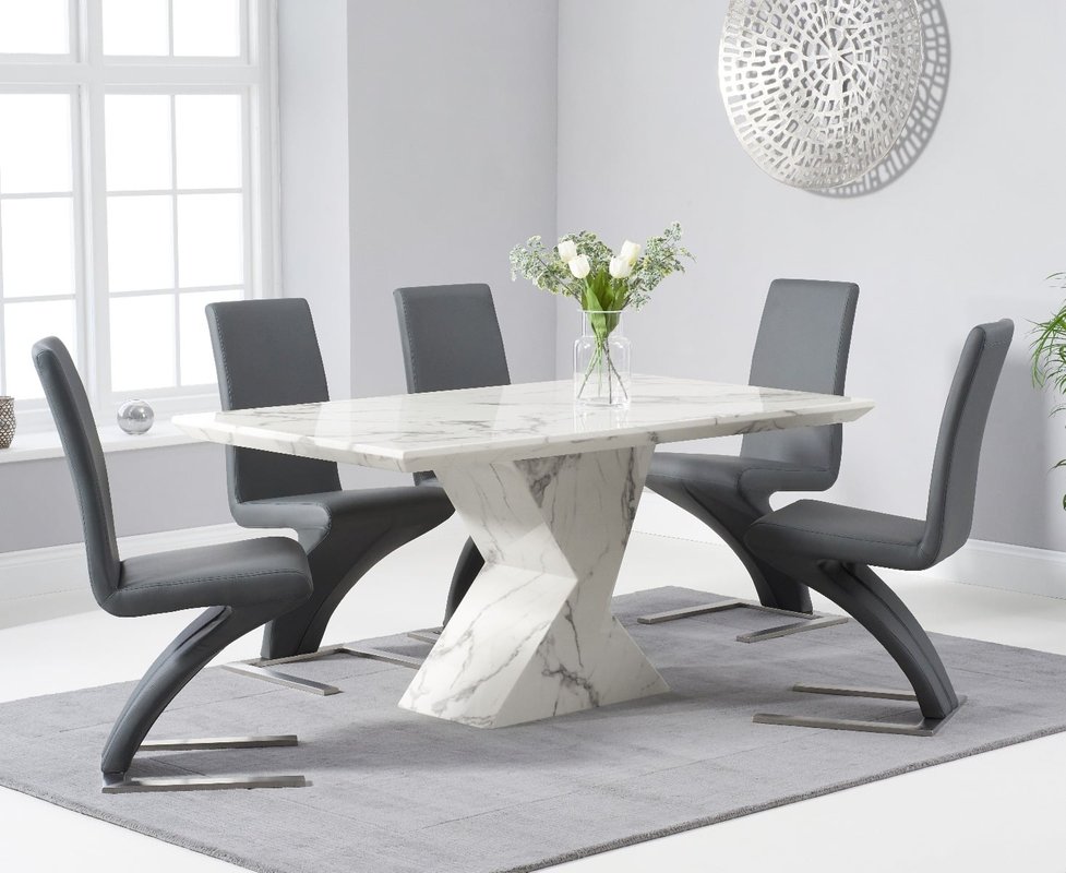 Photo of Aaron 160cm marble white dining table with 8 white aldo chairs Photo of Aaron 160cm marble white dining table with 8 white aldo chairs
