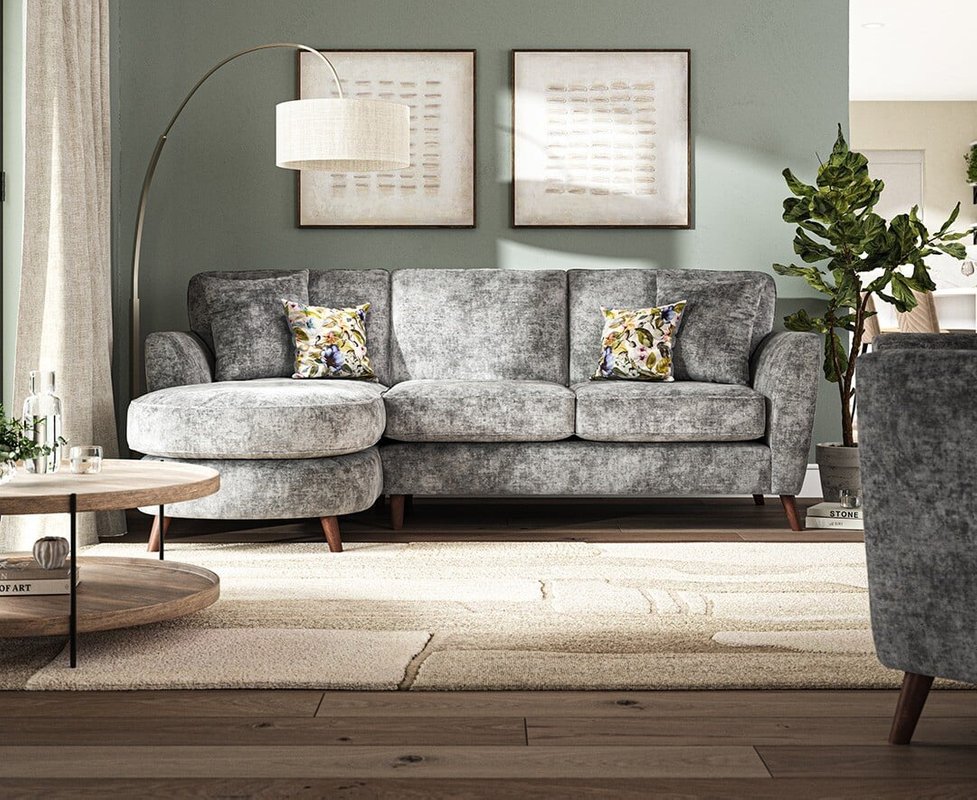 Photo of Naples grey velvet left hand facing chaise sofa Photo of Naples grey velvet left hand facing chaise sofa