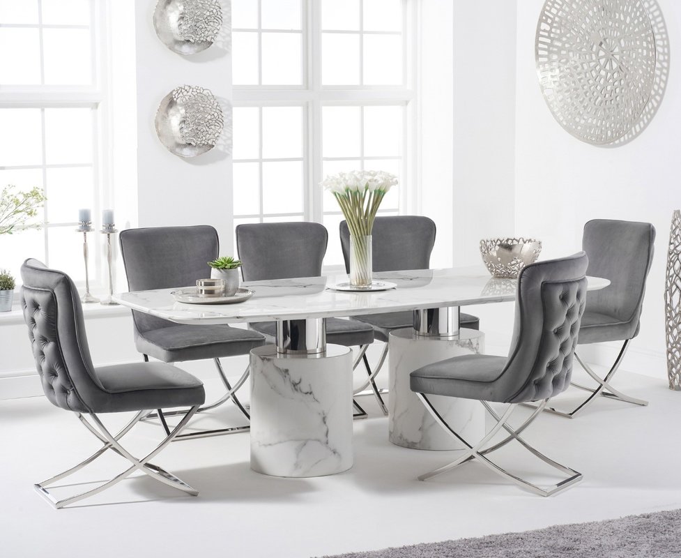 Photo of Antonio 220cm white marble table with 6 grey lorenzo chairs Photo of Antonio 220cm white marble table with 6 grey lorenzo chairs