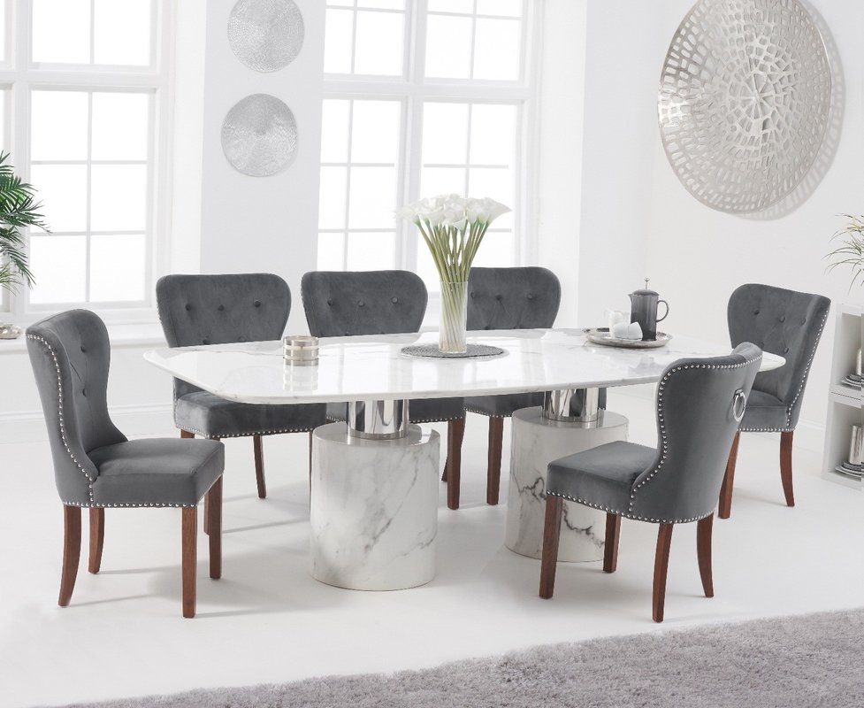 Photo of Antonio 220cm white marble dining table with 10 grey keswick chairs Photo of Antonio 220cm white marble dining table with 10 grey keswick chairs
