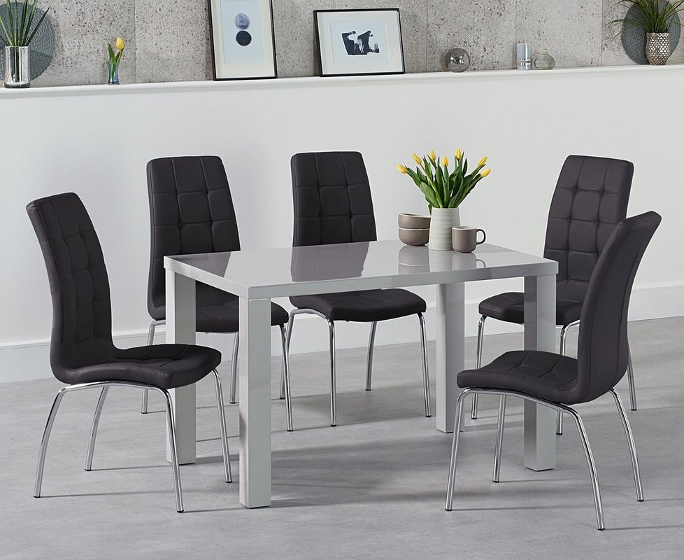 Photo of Seattle 120cm light grey high gloss dining table with 4 grey enzo chairs Photo of Seattle 120cm light grey high gloss dining table with 4 grey enzo chairs
