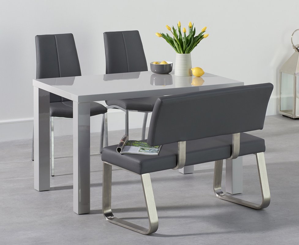 Photo of Seattle 120cm light grey high gloss dining table with 4 grey marco chairs with 2 grey benches Photo of Seattle 120cm light grey high gloss dining table with 4 grey marco chairs with 2 grey benches