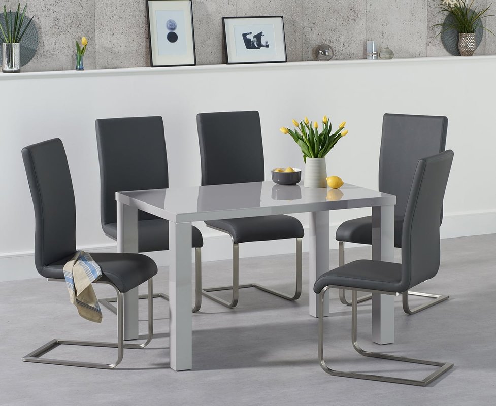 Photo of Seattle 120cm light grey high gloss dining table with 4 grey austin chairs Photo of Seattle 120cm light grey high gloss dining table with 4 grey austin chairs