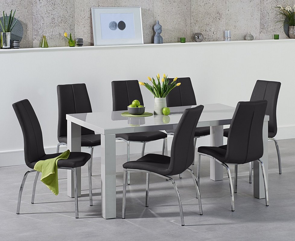 Photo 1 of Seattle 160cm light grey gloss dining table with 4 black marco chairs Photo 1 of Seattle 160cm light grey gloss dining table with 4 black marco chairs