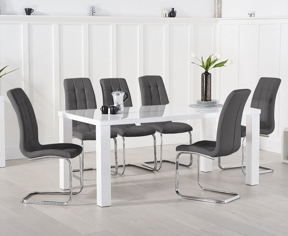 Photo of Seattle 200cm white high gloss dining table with 10 grey vigo chairs Photo of Seattle 200cm white high gloss dining table with 10 grey vigo chairs