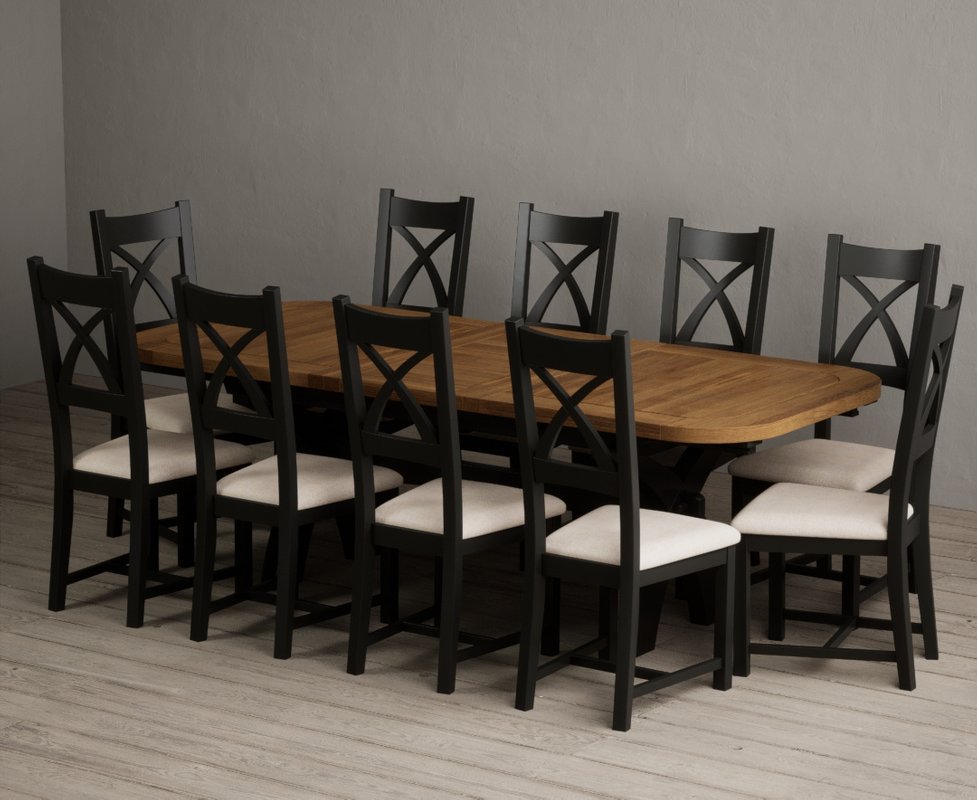 Photo 1 of Extending olympia 180cm oak and black painted dining table with 10 linen painted chairs Photo 1 of Extending olympia 180cm oak and black painted dining table with 10 linen painted chairs