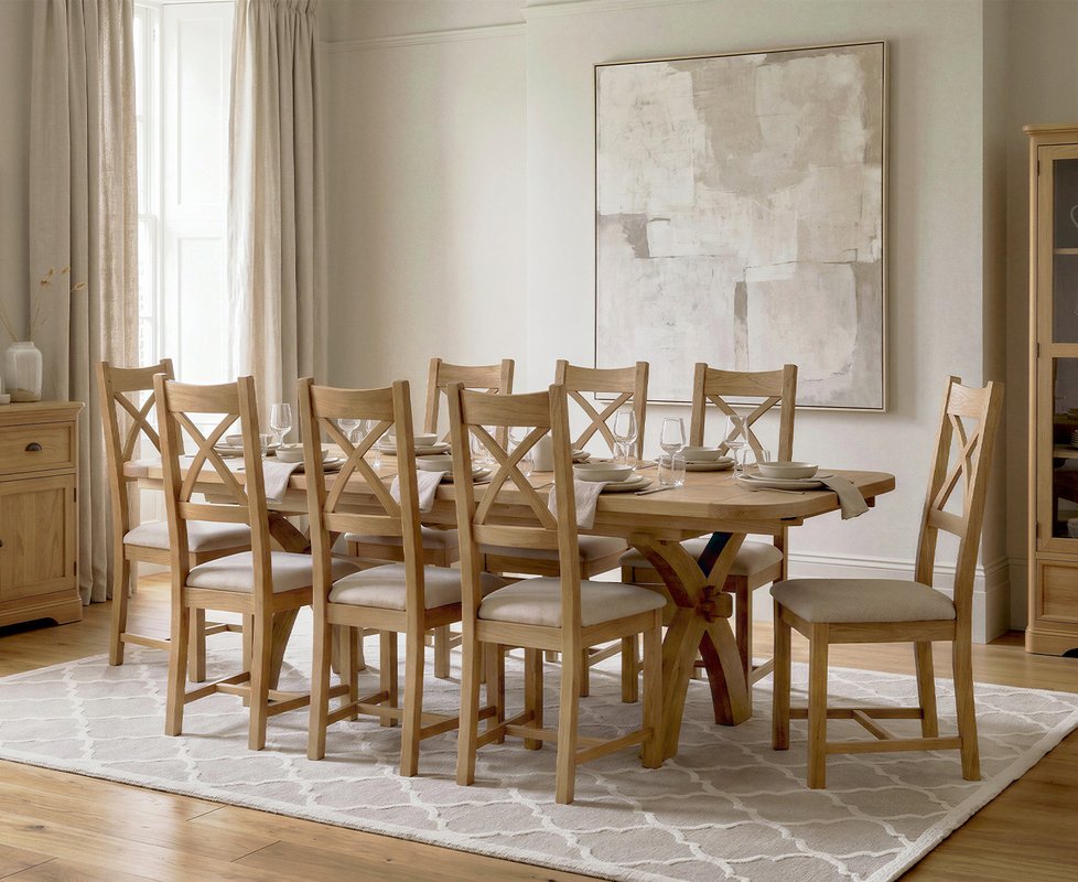 Photo 1 of Extending olympia 180cm solid oak dining table with 8 linen natural solid oak chairs Photo 1 of Extending olympia 180cm solid oak dining table with 8 linen natural solid oak chairs