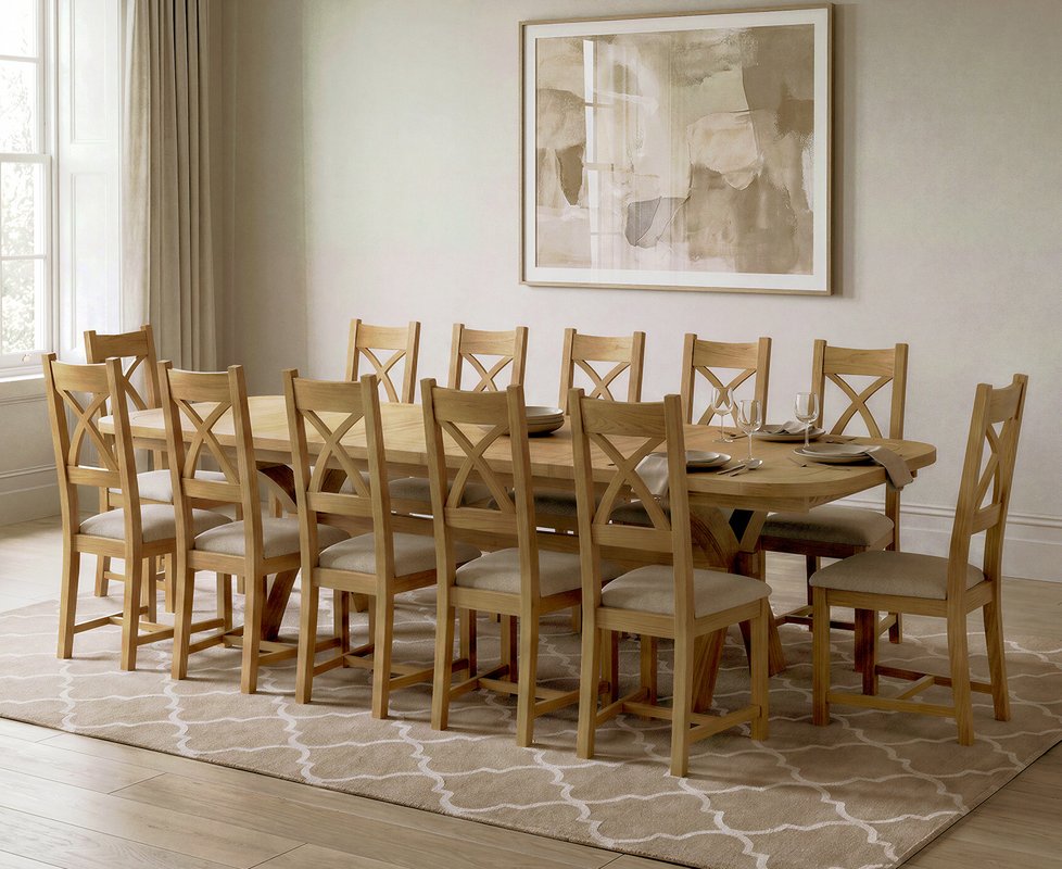 Photo 1 of Extending olympia 180cm solid oak dining table with 12 linen natural solid oak chairs Photo 1 of Extending olympia 180cm solid oak dining table with 12 linen natural solid oak chairs
