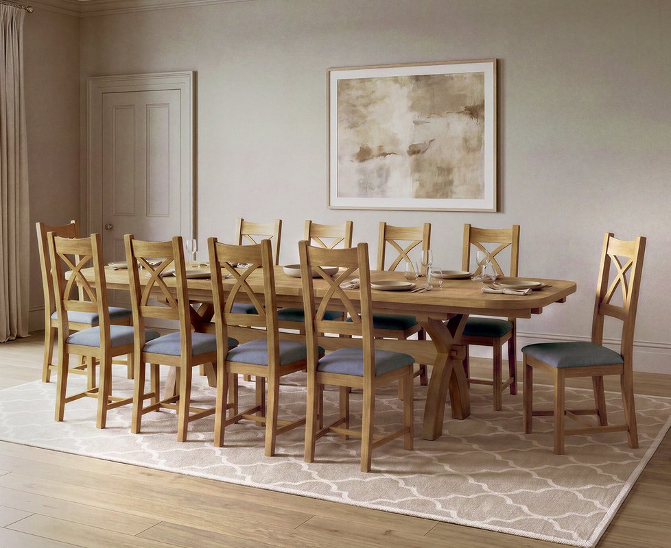 Photo 1 of Extending olympia 180cm solid oak dining table with 10 blue natural solid oak chairs Photo 1 of Extending olympia 180cm solid oak dining table with 10 blue natural solid oak chairs