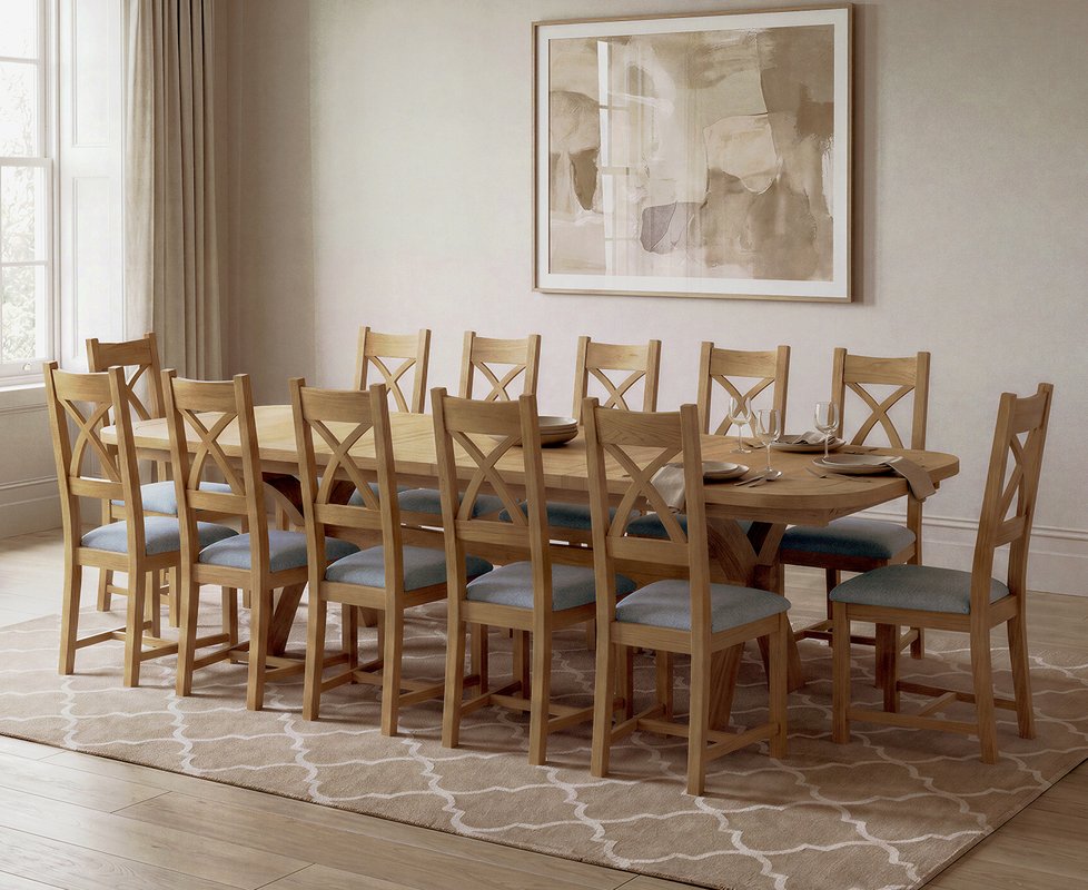 Photo 1 of Extending olympia 180cm solid oak dining table with 12 blue natural solid oak chairs Photo 1 of Extending olympia 180cm solid oak dining table with 12 blue natural solid oak chairs