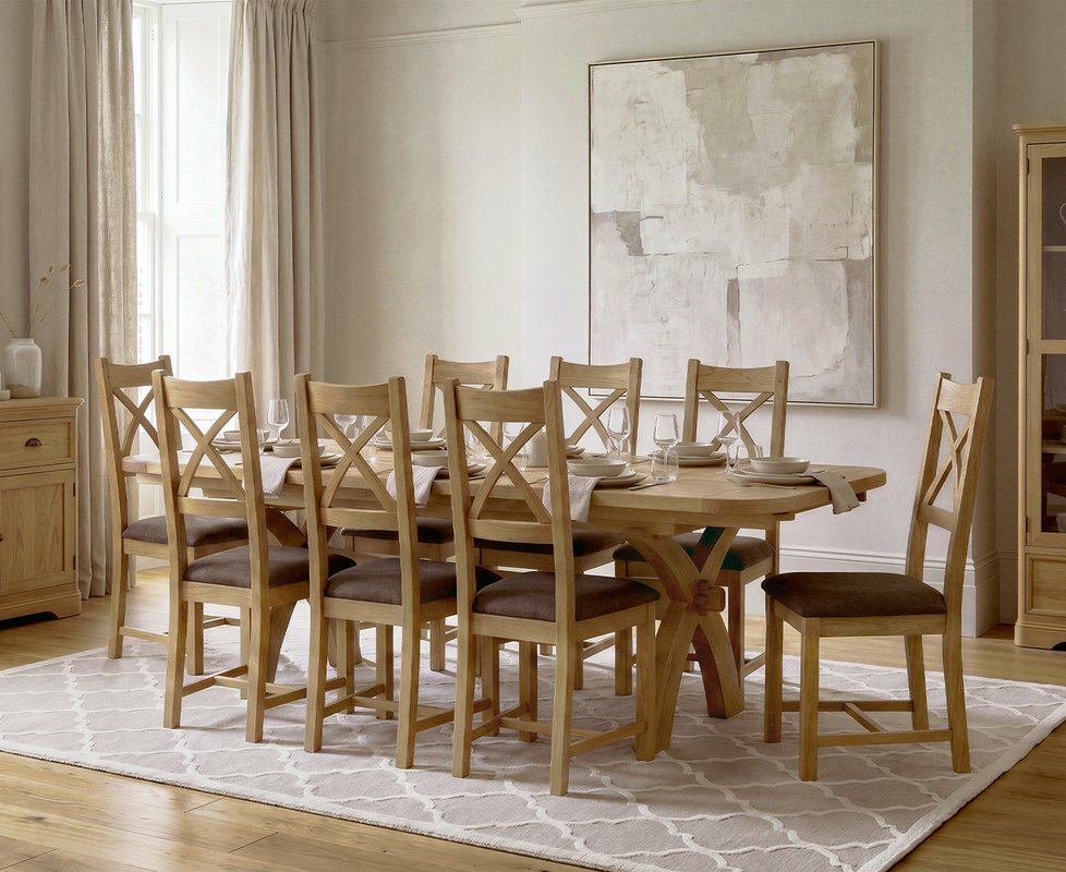 Photo 1 of Extending olympia 180cm solid oak dining table with 8 brown natural solid oak chairs Photo 1 of Extending olympia 180cm solid oak dining table with 8 brown natural solid oak chairs