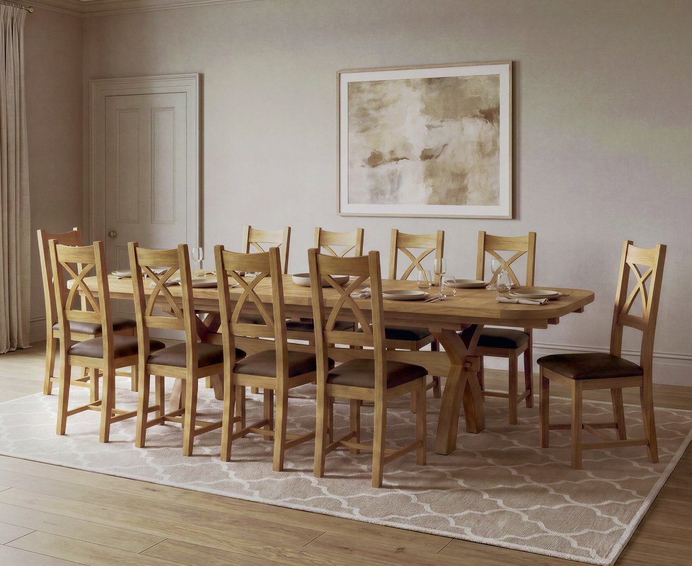 Photo 1 of Extending olympia 180cm solid oak dining table with 10 brown natural solid oak chairs Photo 1 of Extending olympia 180cm solid oak dining table with 10 brown natural solid oak chairs