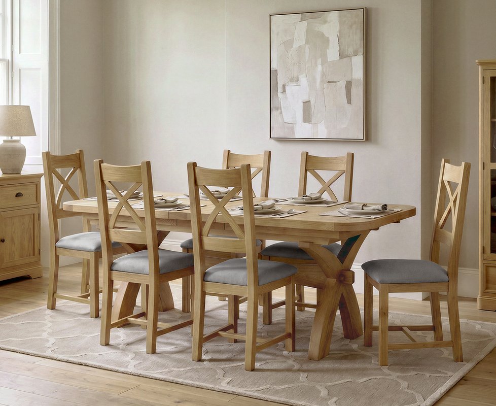Photo 1 of Extending olympia 180cm solid oak dining table with 6 light grey natural solid oak chairs Photo 1 of Extending olympia 180cm solid oak dining table with 6 light grey natural solid oak chairs