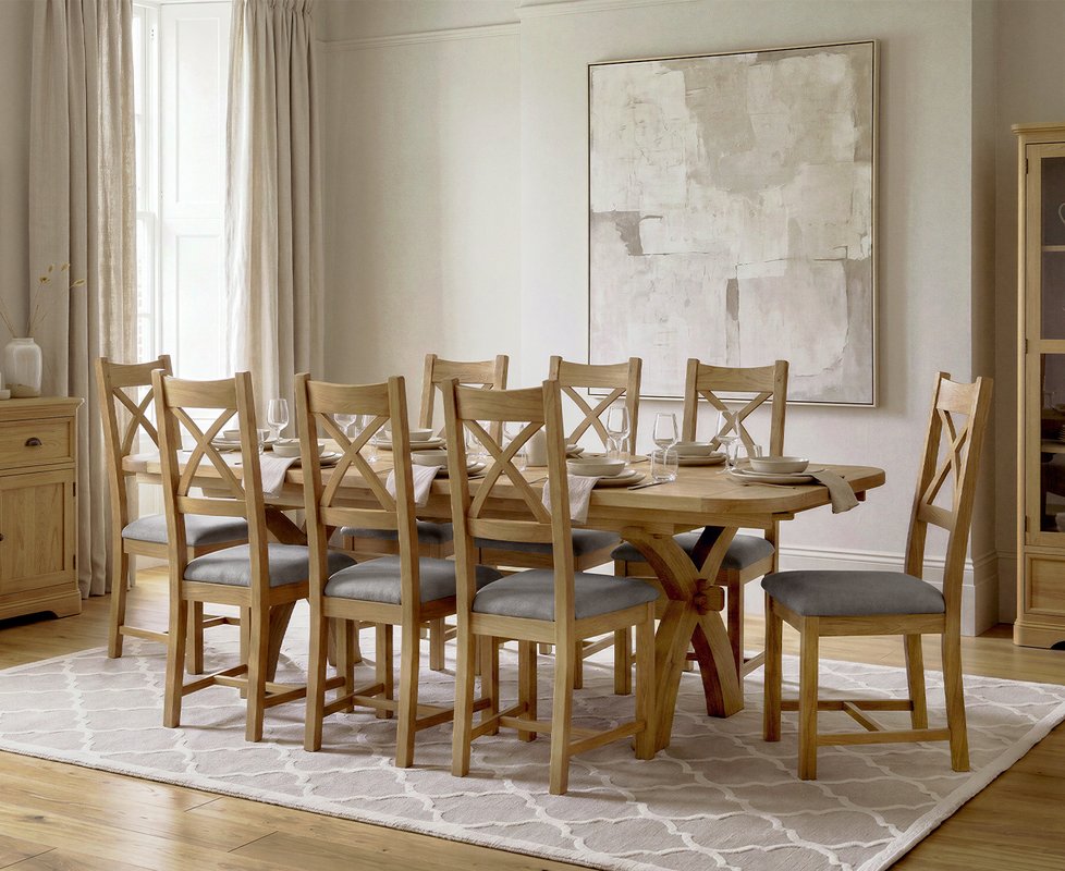 Photo 1 of Extending olympia 180cm solid oak dining table with 8 light grey natural solid oak chairs Photo 1 of Extending olympia 180cm solid oak dining table with 8 light grey natural solid oak chairs