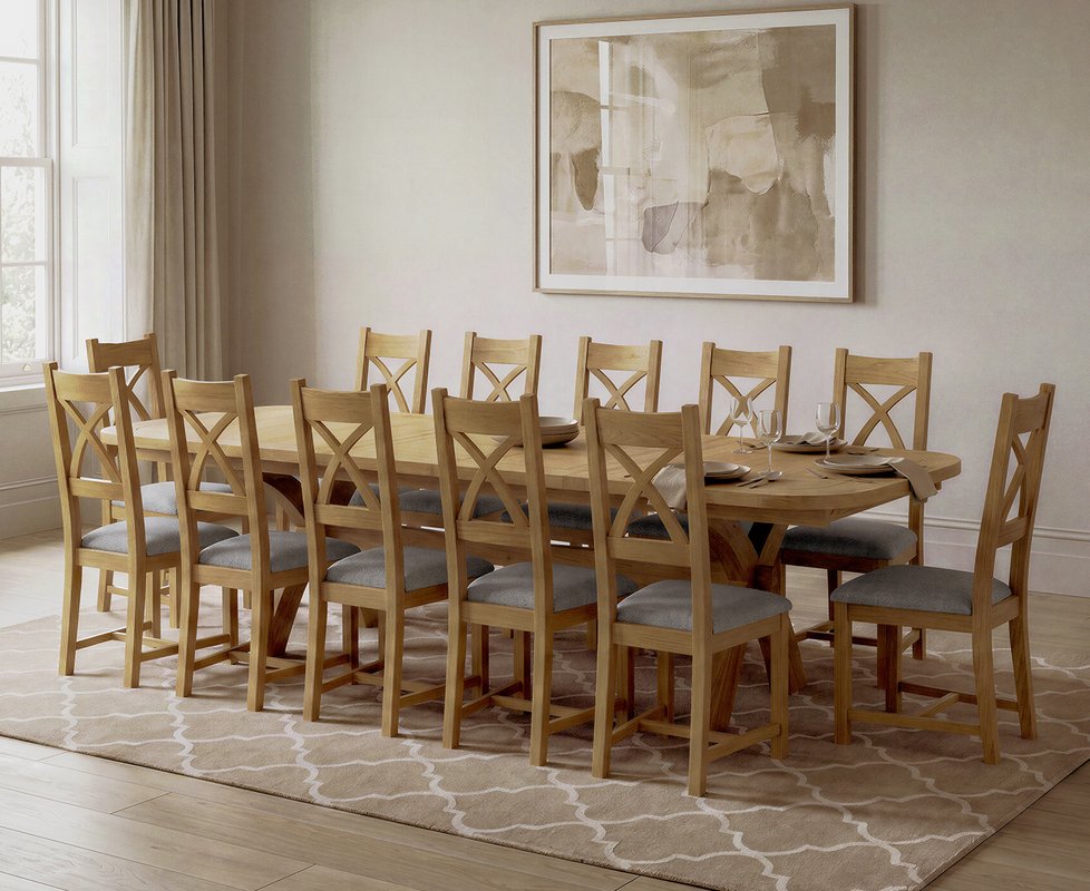 Photo 1 of Extending olympia 180cm solid oak dining table with 12 light grey natural solid oak chairs Photo 1 of Extending olympia 180cm solid oak dining table with 12 light grey natural solid oak chairs