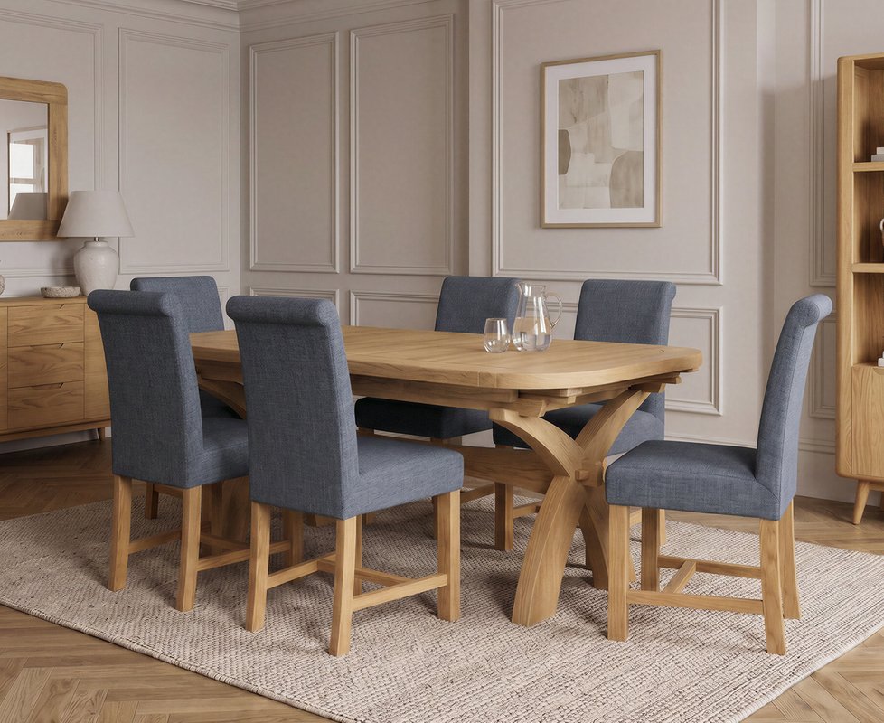 Photo 1 of Extending olympia 180cm solid oak dining table with 6 blue braced chairs Photo 1 of Extending olympia 180cm solid oak dining table with 6 blue braced chairs