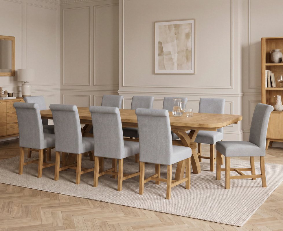 Photo 1 of Extending olympia 180cm solid oak dining table with 10 grey braced chairs Photo 1 of Extending olympia 180cm solid oak dining table with 10 grey braced chairs