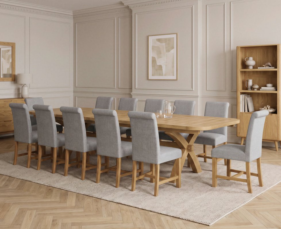 Photo 1 of Extending olympia 180cm solid oak dining table with 12 grey braced chairs Photo 1 of Extending olympia 180cm solid oak dining table with 12 grey braced chairs