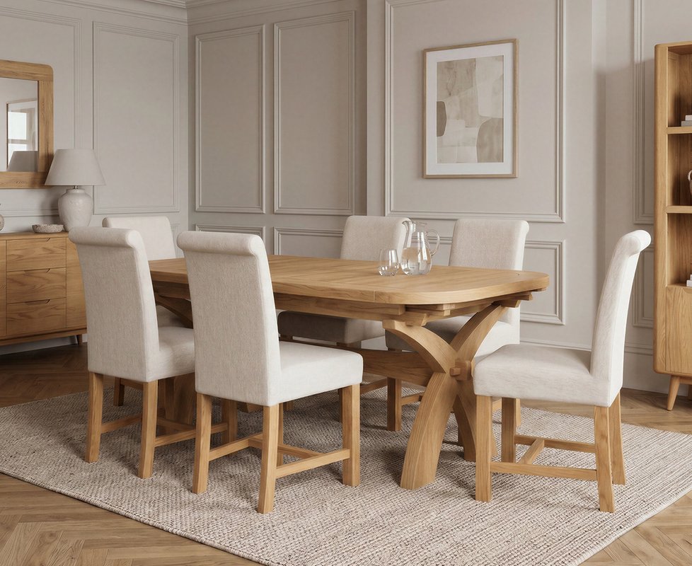 Photo 1 of Extending olympia 180cm solid oak dining table with 6 natural braced chairs Photo 1 of Extending olympia 180cm solid oak dining table with 6 natural braced chairs