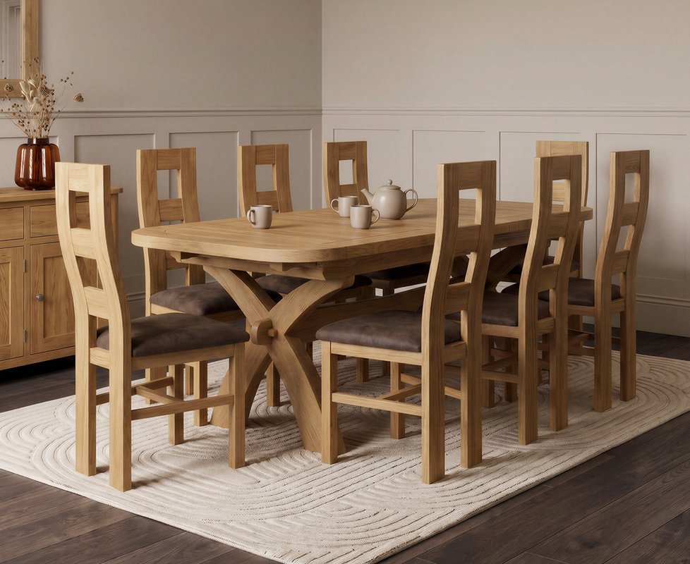 Photo 1 of Extending olympia 180cm solid oak dining table with 8 brown natural chairs Photo 1 of Extending olympia 180cm solid oak dining table with 8 brown natural chairs