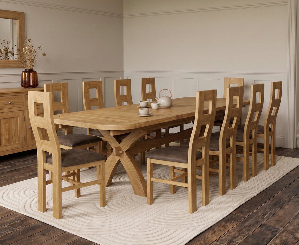 Photo 1 of Extending olympia 180cm solid oak dining table with 10 brown natural chairs Photo 1 of Extending olympia 180cm solid oak dining table with 10 brown natural chairs