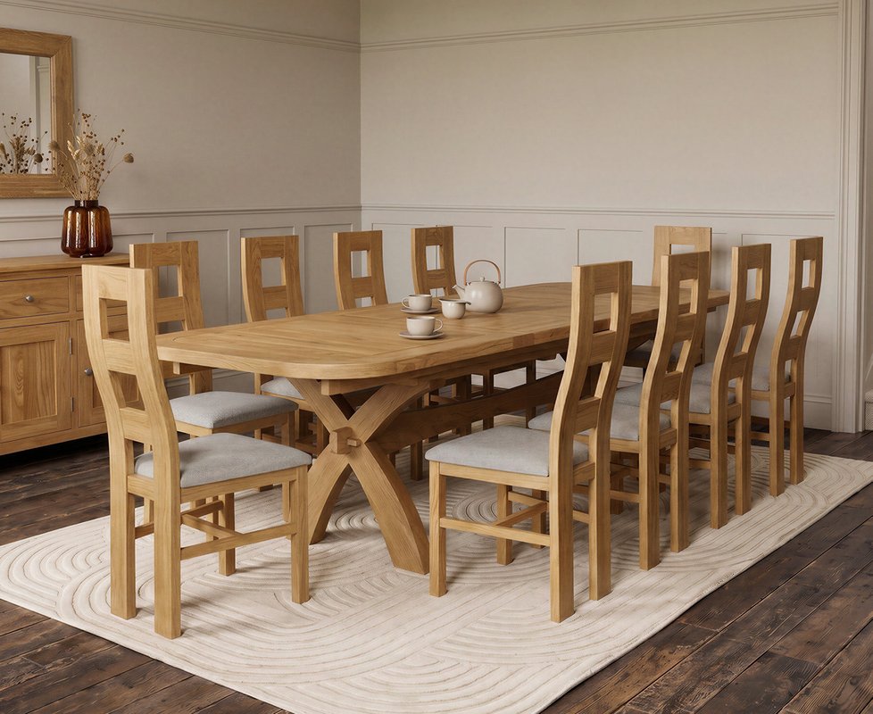 Photo 1 of Extending olympia 180cm solid oak dining table with 10 light grey natural chairs Photo 1 of Extending olympia 180cm solid oak dining table with 10 light grey natural chairs