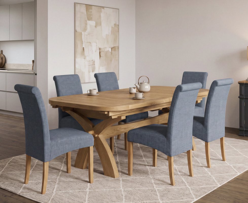 Photo 1 of Extending olympia 180cm solid oak dining table with 6 blue scroll back chairs Photo 1 of Extending olympia 180cm solid oak dining table with 6 blue scroll back chairs