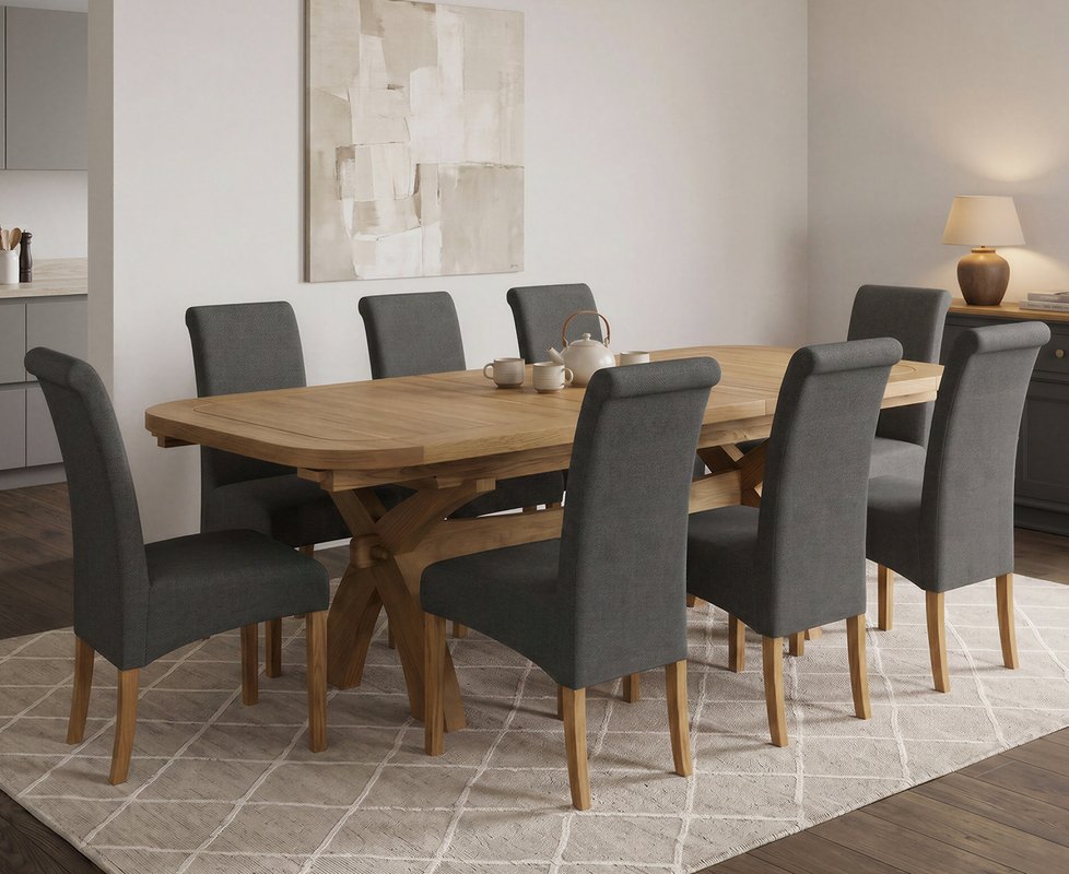 Photo 1 of Extending olympia 180cm solid oak dining table with 8 charcoal grey scroll back chairs Photo 1 of Extending olympia 180cm solid oak dining table with 8 charcoal grey scroll back chairs