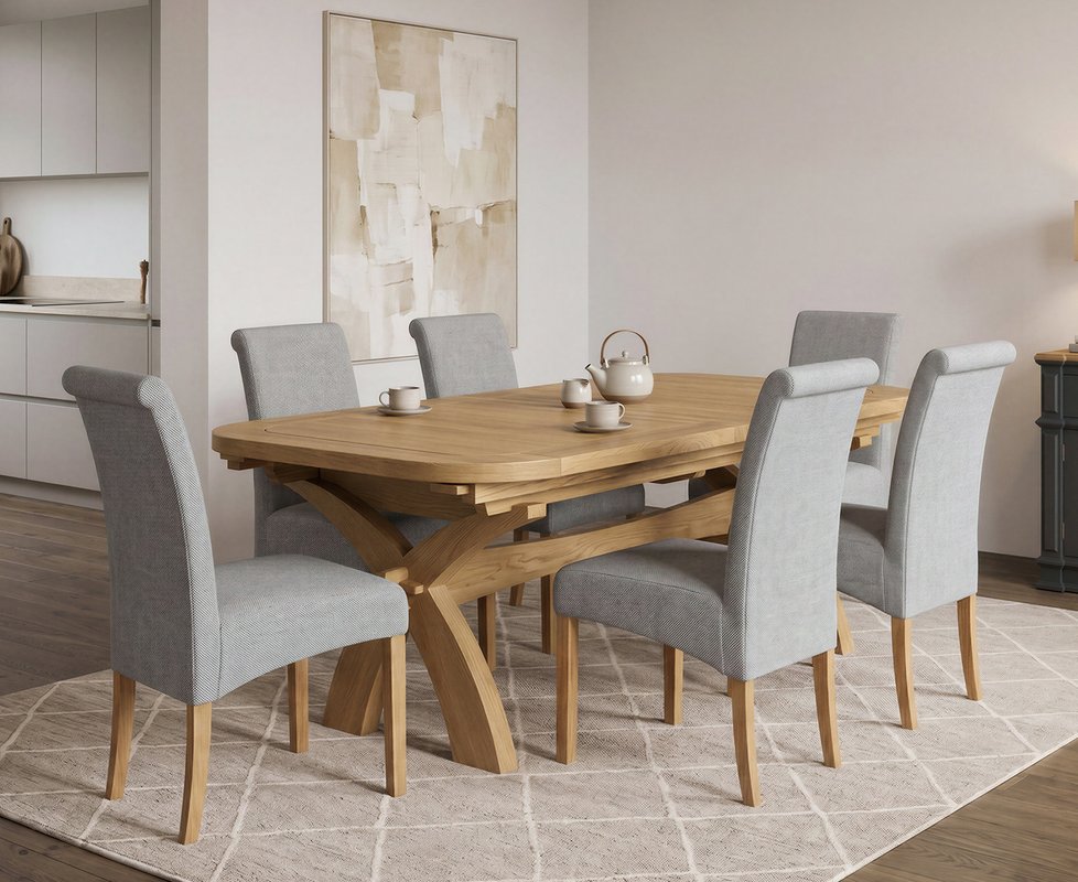 Photo 1 of Extending olympia 180cm solid oak dining table with 6 grey scroll back chairs Photo 1 of Extending olympia 180cm solid oak dining table with 6 grey scroll back chairs