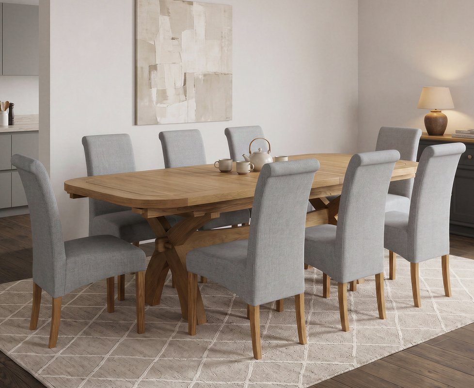 Photo 1 of Extending olympia 180cm solid oak dining table with 8 grey scroll back chairs Photo 1 of Extending olympia 180cm solid oak dining table with 8 grey scroll back chairs