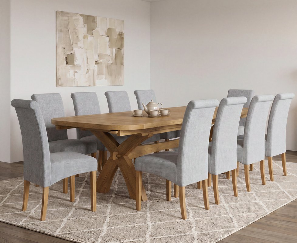 Photo 1 of Extending olympia 180cm solid oak dining table with 10 grey scroll back chairs Photo 1 of Extending olympia 180cm solid oak dining table with 10 grey scroll back chairs