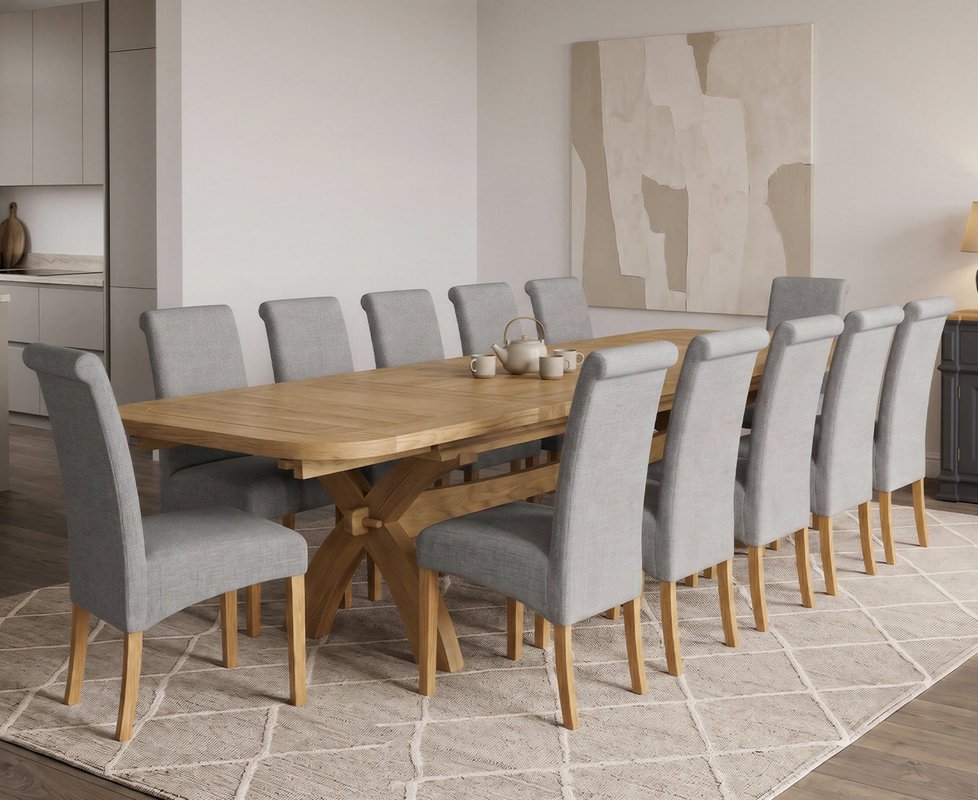 Photo 1 of Extending olympia 180cm solid oak dining table with 12 grey scroll back chairs Photo 1 of Extending olympia 180cm solid oak dining table with 12 grey scroll back chairs