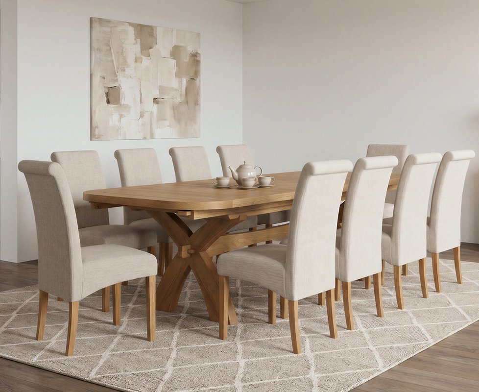 Photo 1 of Extending olympia 180cm solid oak dining table with 10 natural scroll back chairs Photo 1 of Extending olympia 180cm solid oak dining table with 10 natural scroll back chairs