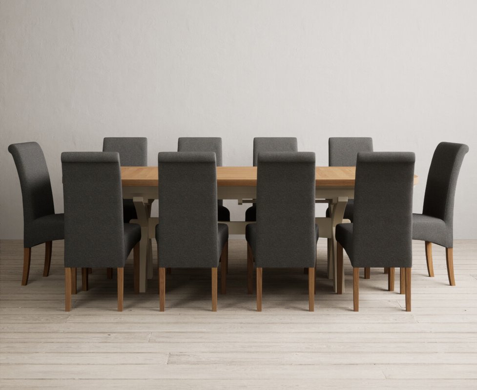 Photo 1 of Extending olympia 180cm oak and cream painted dining table with 10 charcoal grey scroll back chairs Photo 1 of Extending olympia 180cm oak and cream painted dining table with 10 charcoal grey scroll back chairs