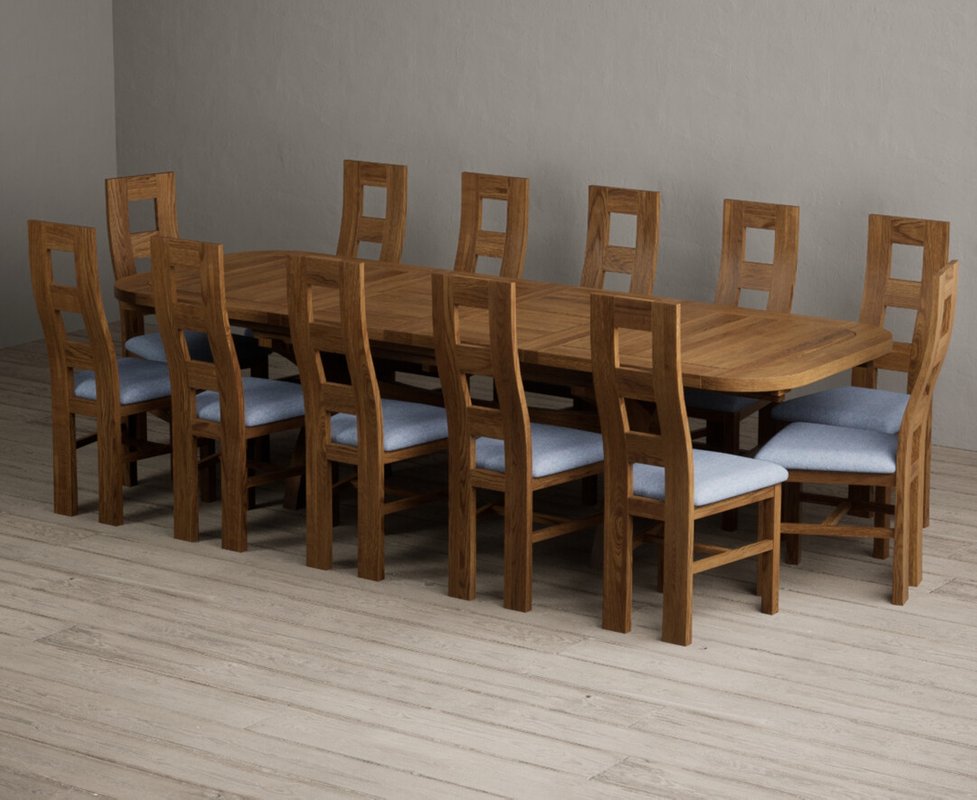 Photo 1 of Extending olympia 180cm rustic solid oak dining table with 12 blue rustic solid oak chairs Photo 1 of Extending olympia 180cm rustic solid oak dining table with 12 blue rustic solid oak chairs