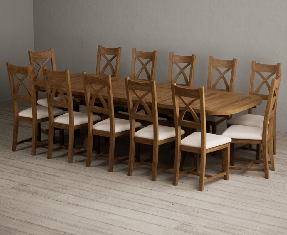 Photo 1 of Extending olympia 180cm rustic solid oak dining table with 12 linen rustic solid oak chairs Photo 1 of Extending olympia 180cm rustic solid oak dining table with 12 linen rustic solid oak chairs