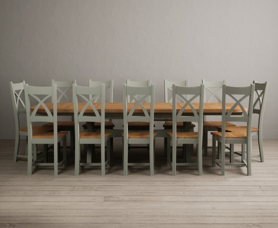 Photo 1 of Extending olympia 180cm oak and soft green dining table with 12 oak painted chairs Photo 1 of Extending olympia 180cm oak and soft green dining table with 12 oak painted chairs