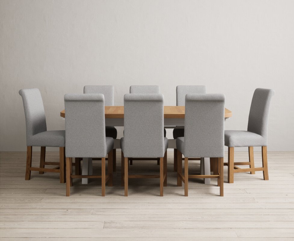Photo 1 of Extending olympia 180cm oak and soft white painted dining table with 8 grey braced chairs Photo 1 of Extending olympia 180cm oak and soft white painted dining table with 8 grey braced chairs