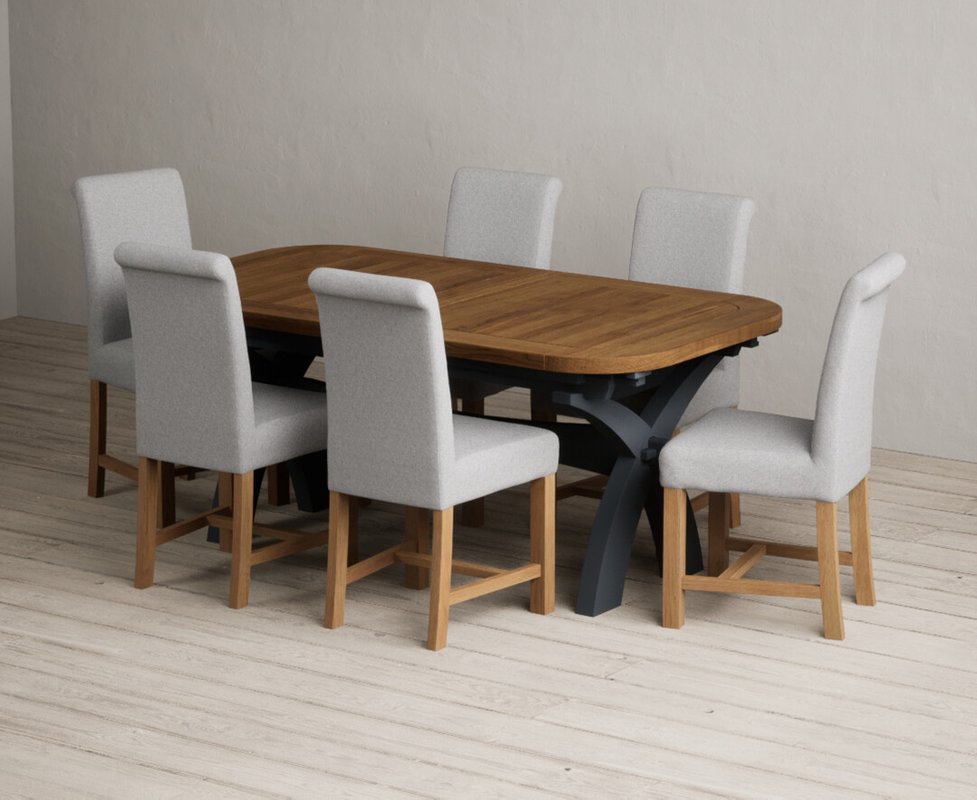 Photo 1 of Extending olympia 180cm oak and dark blue dining table with 6 grey braced chairs Photo 1 of Extending olympia 180cm oak and dark blue dining table with 6 grey braced chairs