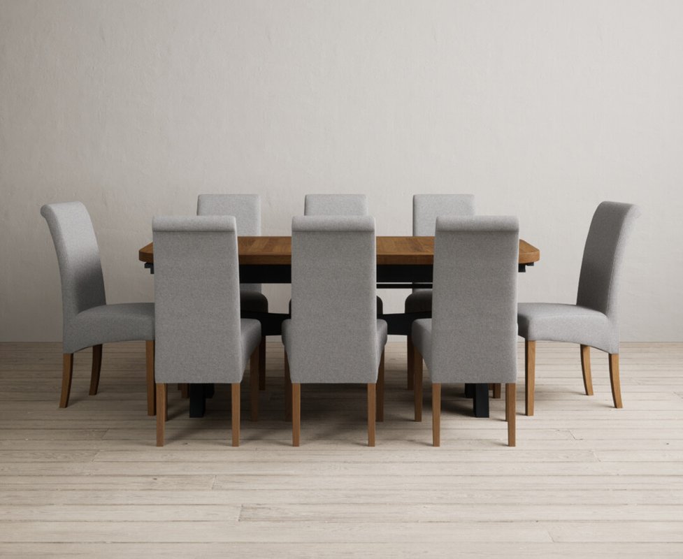 Photo 1 of Extending olympia 180cm oak and dark blue dining table with 8 grey scroll back chairs Photo 1 of Extending olympia 180cm oak and dark blue dining table with 8 grey scroll back chairs