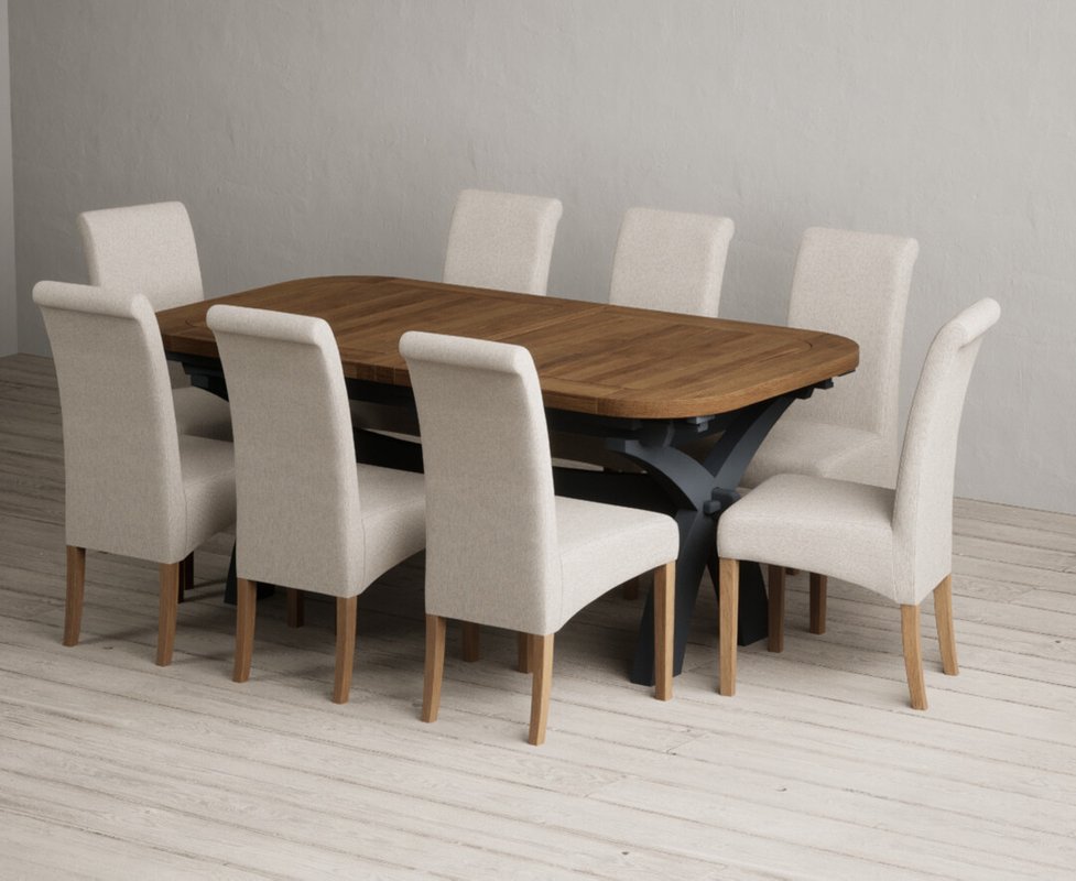 Photo 1 of Extending olympia 180cm oak and dark blue dining table with 8 natural scroll back chairs Photo 1 of Extending olympia 180cm oak and dark blue dining table with 8 natural scroll back chairs