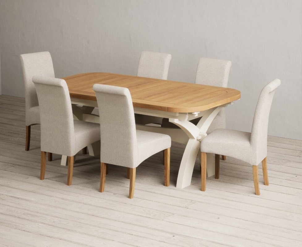 Photo of Extending olympia 180cm oak and cream painted dining table with 10 grey scroll back chairs Photo of Extending olympia 180cm oak and cream painted dining table with 10 grey scroll back chairs