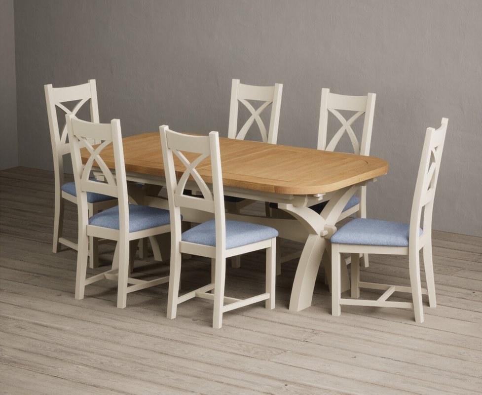 Photo of Extending olympia 180cm oak and cream painted dining table with 8 blue painted chairs Photo of Extending olympia 180cm oak and cream painted dining table with 8 blue painted chairs